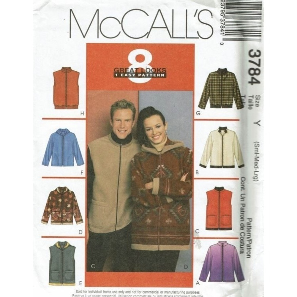 McCalls 3784 Fleece Vest Jacket Pattern Unisex S-L Multi Style Outerwear Uncut